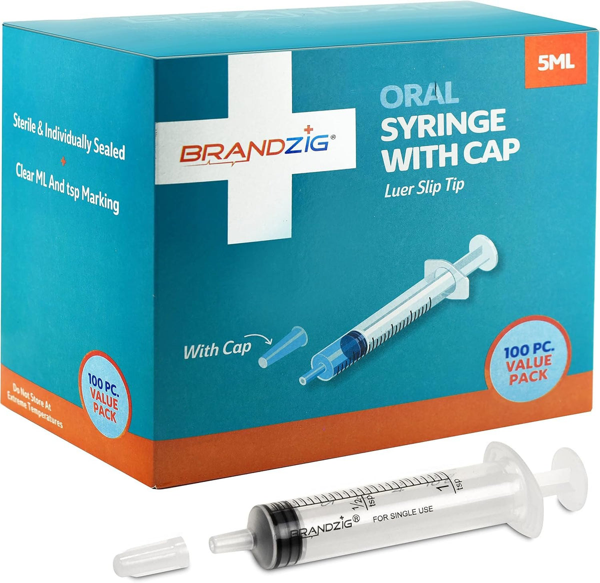 5ml Syringe With Cap (100 Pack) | Oral Dispenser Without Needle, Luer Slip Tip, | Individually Wrapped Medicine Dropper For Infants & Pets