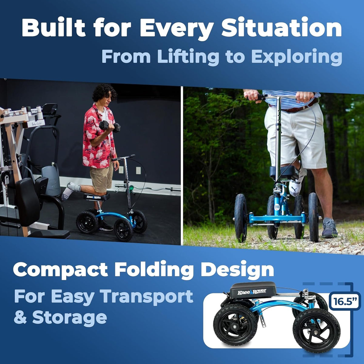 KneeRover Quad All Terrain Knee Scooter for Adults, Metallic Blue | Four Pneumatic Wheels, Heavy Duty Knee Walker For Foot Surgery, Broken Ankle Foot Injuries Recovery, Knee Crutch Alternative