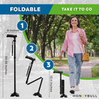 HONEYBULL Walking Cane for Men & Women, Foldable Free Standing Cane | Adjustable height, collapsible design, heavy-duty, pivot base for stable support, ergonomic handle