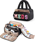 Fasrom Chenille Letter Medicine Bag, Pill Bottle Organizer for Travel Meds | Preppy Patch Design, Puffy Handle, Portable Storage for Medical Supplies & Toiletries, Makeup Case for Women