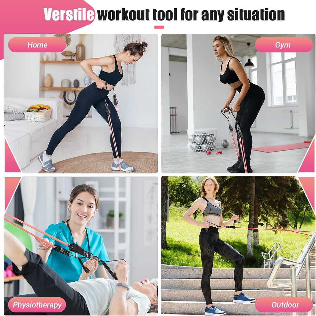 Resistance Bands with Handles for Women, 5 Level Exercise Bands | Workout Bands for Physical Therapy, Yoga, Pilates, Door Anchor, Storage Pouch, Training Poster