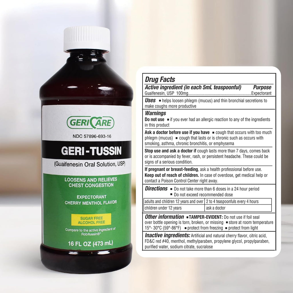 GeriCare Geri-Tussin Guaifenesin Oral Liquid Solution, Sugar-Free, Alcohol-Free Cough and Cold Relief Syrup, Helps Clear Chest Congestion, 16 Ounce Bottle (Pack of 1)