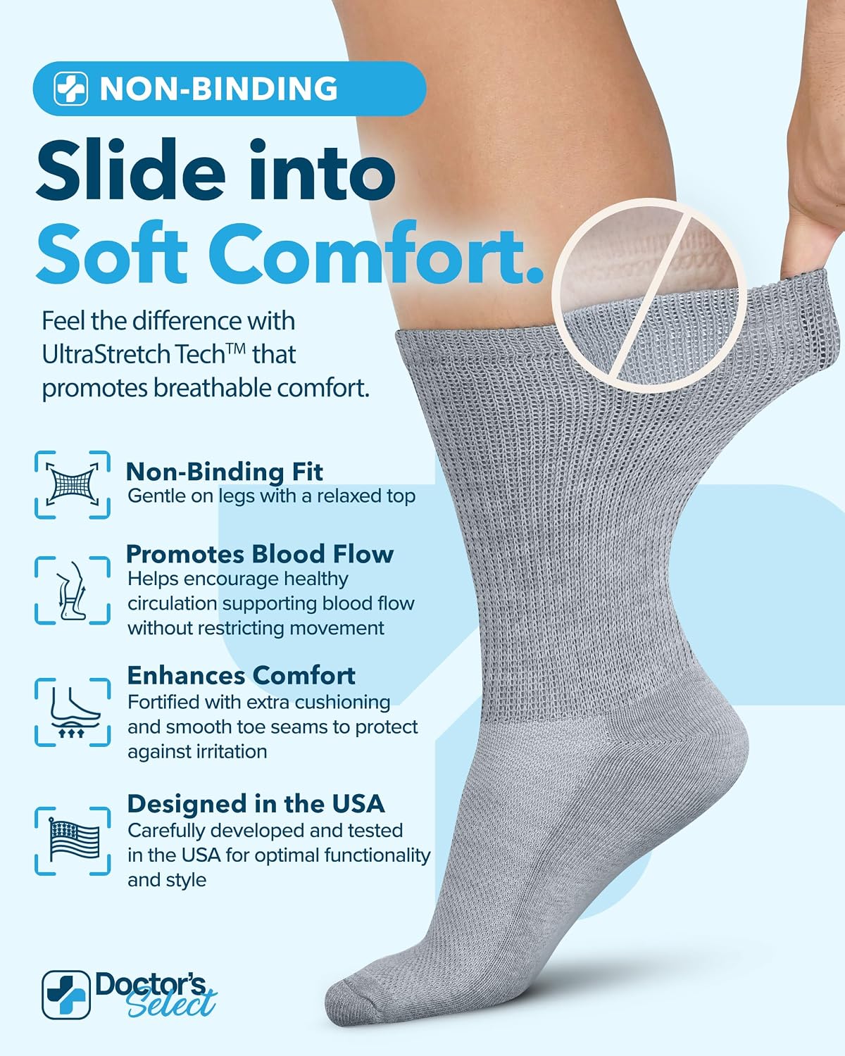 Doctor's Select® Diabetic Socks for Men - 4 Pairs Non Binding Neuropathy Socks for Swollen Feet, Work, Travel & Comfort