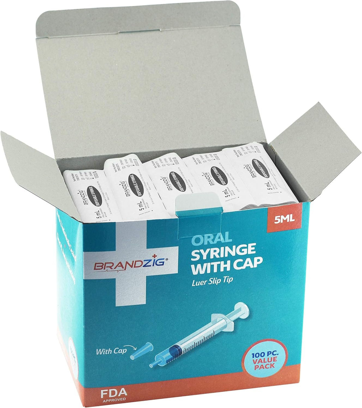 5ml Syringe With Cap (100 Pack) | Oral Dispenser Without Needle, Luer Slip Tip, | Individually Wrapped Medicine Dropper For Infants & Pets
