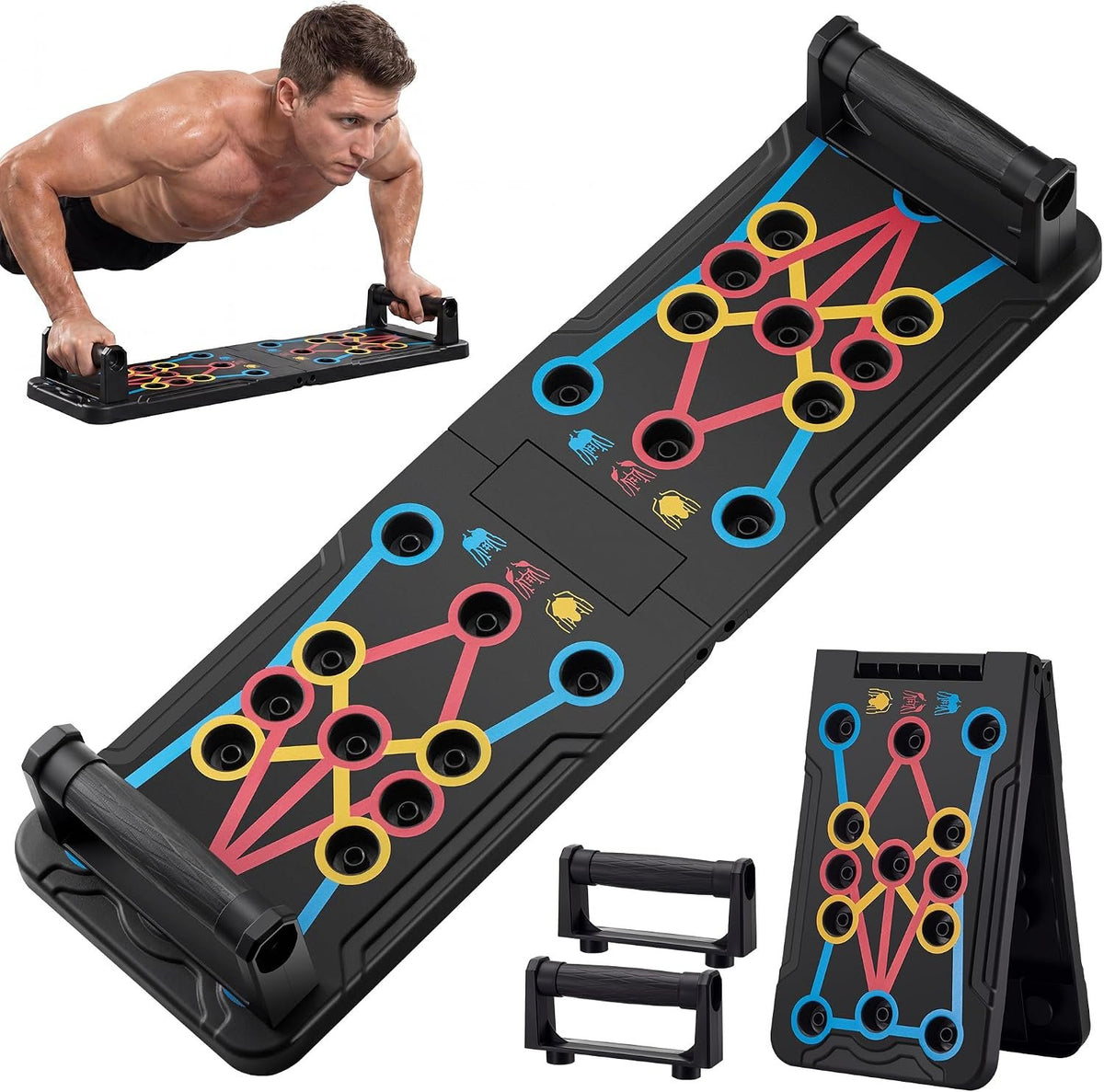 Push Up Board – Features 15 angle slots for perfect push-up form, targeting chest, arms, shoulders, core & back for a full-body workout.