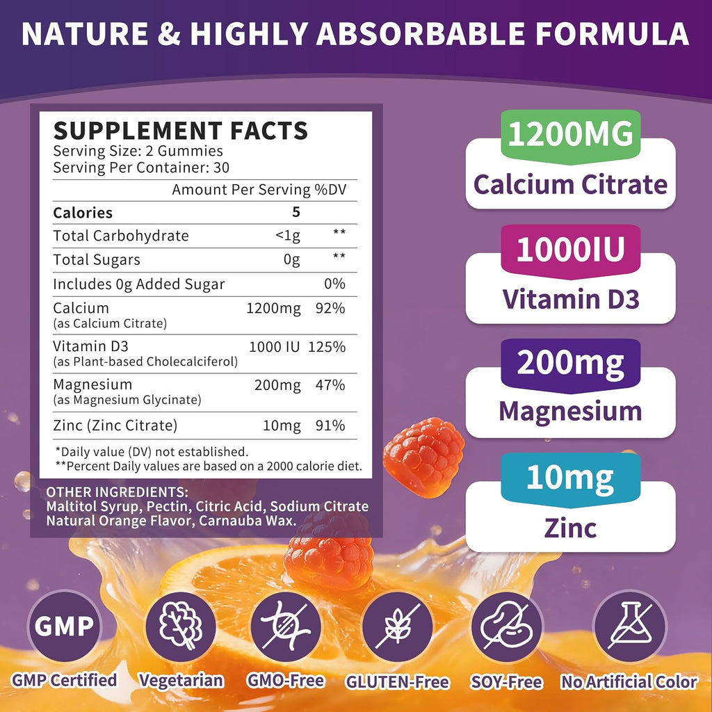 (3 Pack) Calcium Citrate 1200 mg for Women,Calcium Magnesium Zinc Vitamin D3 Gummies,High Absorption Calcium Chews Supplement for Bone,Teeth and Muscle Healthy,Sugar Free,Vegan,Non-GMO,Orange Flavor