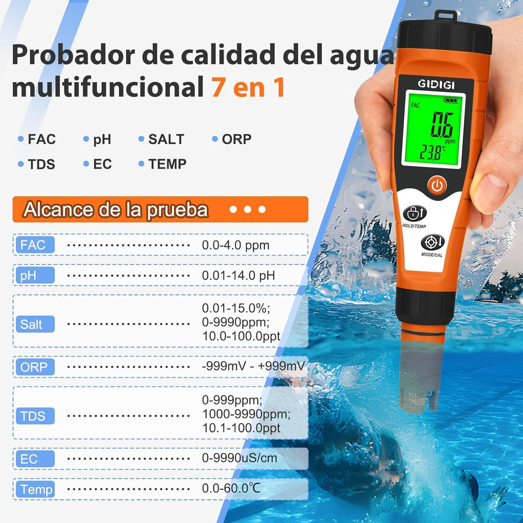 Chlorine, pH and Salinity Pools Meter, 7 in 1 pH FAC, Salt, ORP, EC, TDS and Temp with Calibration Solution, Chlorine Meter for Swimming Pools, Aquariums, Hydroponics and Drinking Water