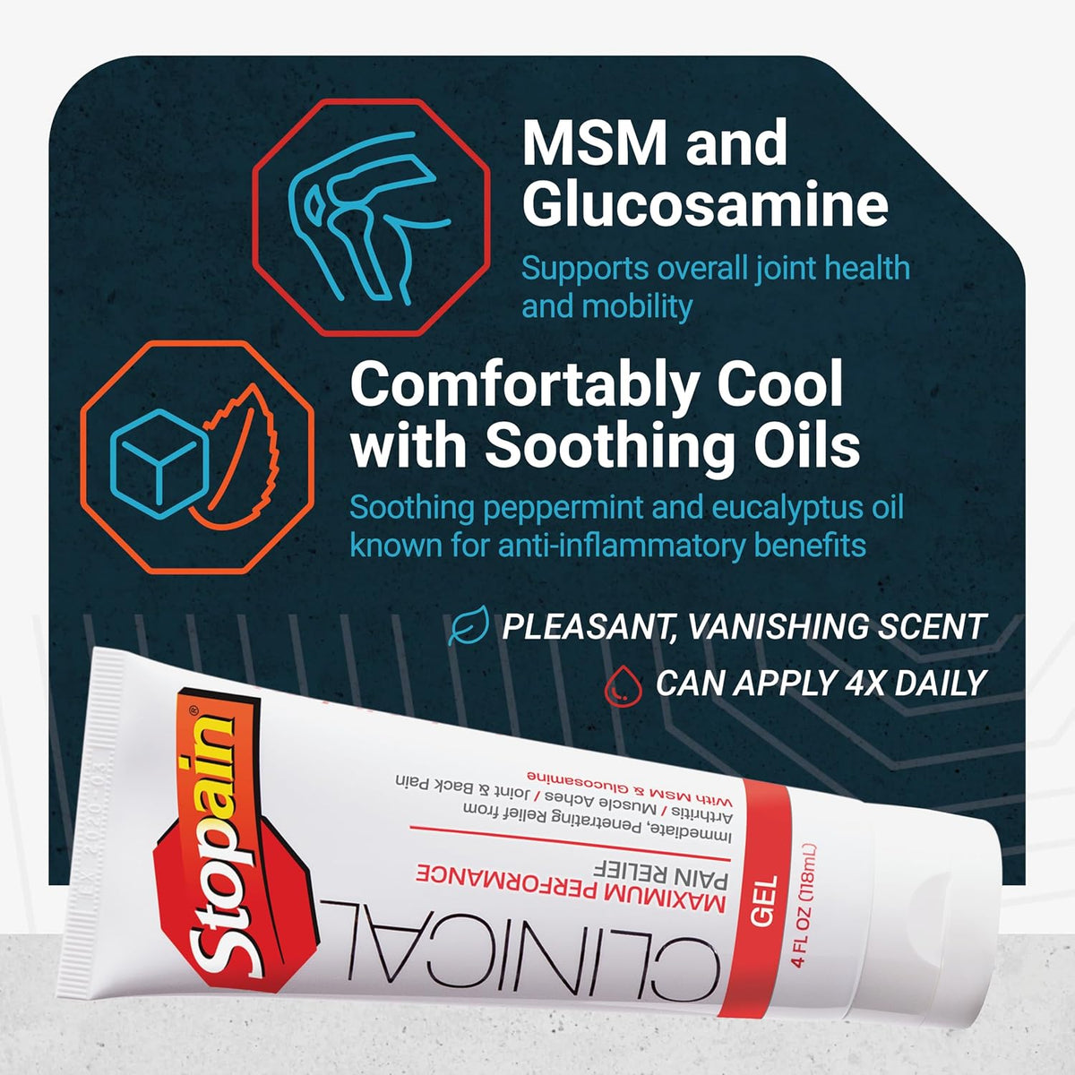 Stopain Clinical 10% Menthol Pain Relief Gel (4 oz Tube), Professional Strength Topical Analgesic for Back, Knee, Joint and Arthritis Pain Relief, Made in USA