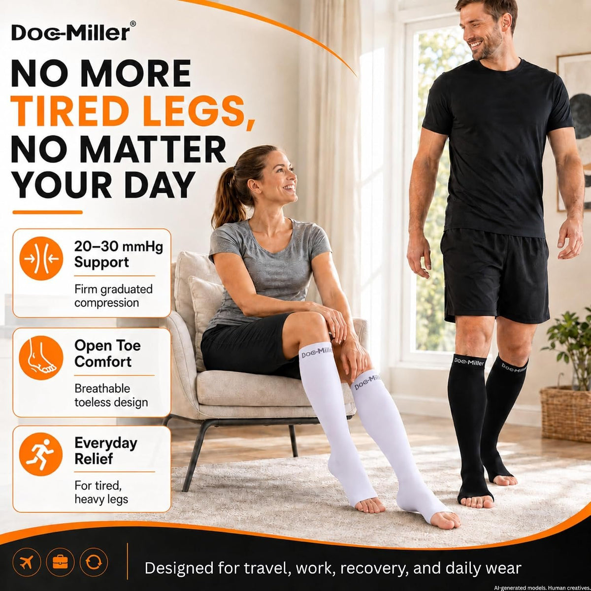 Doc Miller Open Toe Compression Socks, 20-30 mmHg, Knee High, Men & Women | Toeless Compression Sleeves, Knee-High Stockings: Shin Splints, Varicose Veins, Travel, Calf Support & Muscle Recovery, Pair
