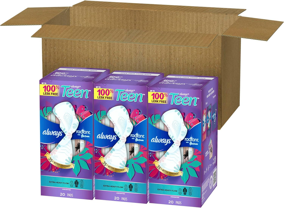 Always Radiant Teen Pads, Size 3, Extra Heavy, with Wings, Unscented, 60 Count (3 Packs of 20)