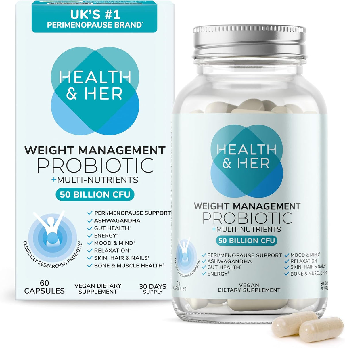 Health & Her Weight Management Probiotics for Women - Perimenopause & Menopause Supplement - Clinically Studied 50bn CFU Probiotics to Support Gut Health, Energy, Mood & Mind, Vegan (60 ct - 1 Month)