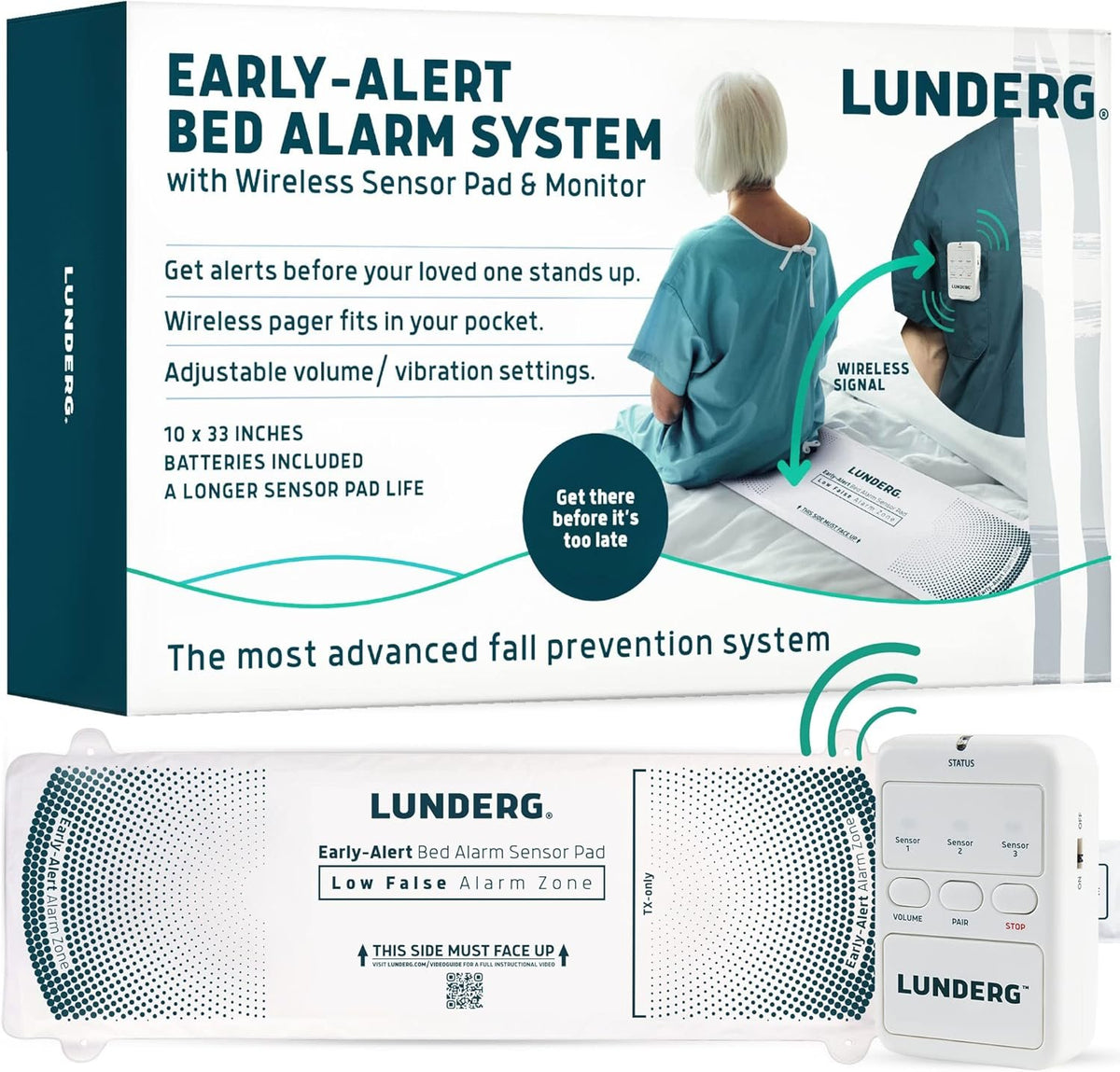 Lunderg Wireless Early Alert Bed Alarm System for Elderly & Fall Prevention | Alerts Caregivers Before They Get Up. No Loud In-Room Alarm To Frighten Your Loved One. Great For Dementia Care. US Company.