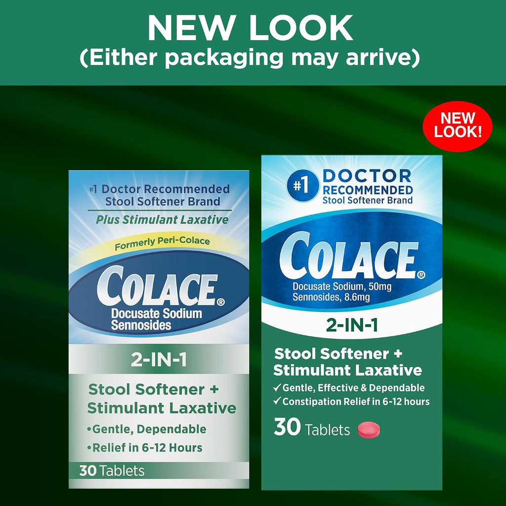 Colace 2-in-1 Stool Softener Plus Stimulant Laxative Tablets, 30 Count