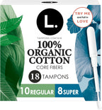 L. Tampons, Made with Organic Cotton, Regular/Super Absorbency, Multipack, Made Without Synthetic Pesticides, Rayon or Fragrances, Applicator Made Without BPA, Leak-Stopping Design, 18 Count