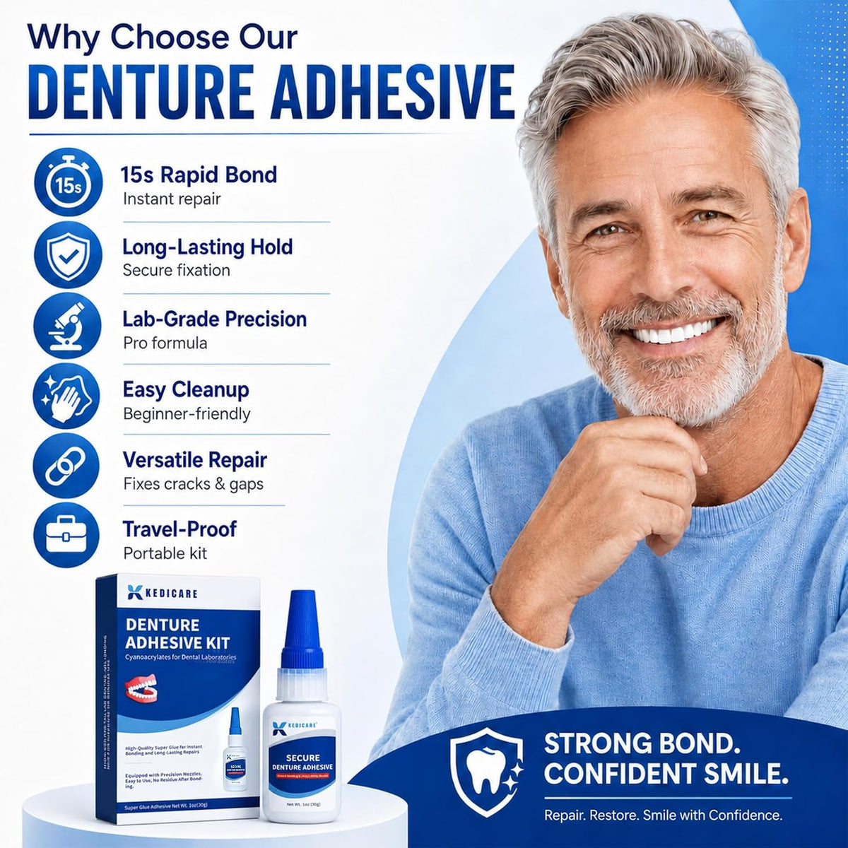 Dental Lab Instant Bonding Denture Adhesive Kit - Denture Repair Glue 1oz for Dentures & Lab Tools, Cracks, Gaps & Loose Teeth | Fast-Setting, Long-Lasting Hold | Safe, No Irritating Odor