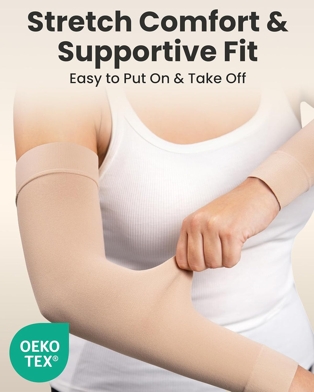 KEMFORD Compression Lymphedema Arm Sleeves for Women – 15-20 mmHg, Silicone Grip, 1 Pair, Beige, S/M – Medical Full Arm Support for Swelling, Circulation & Edema