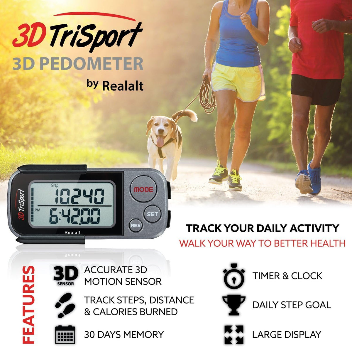 Realalt 3DTriSport 3D Walking Pedometer with Clip & Strap, Accurate Step Counter with 30-Day Memory, Distance in Miles/KM with Large Display Perfect for Seniors & Beginners, eBook Included