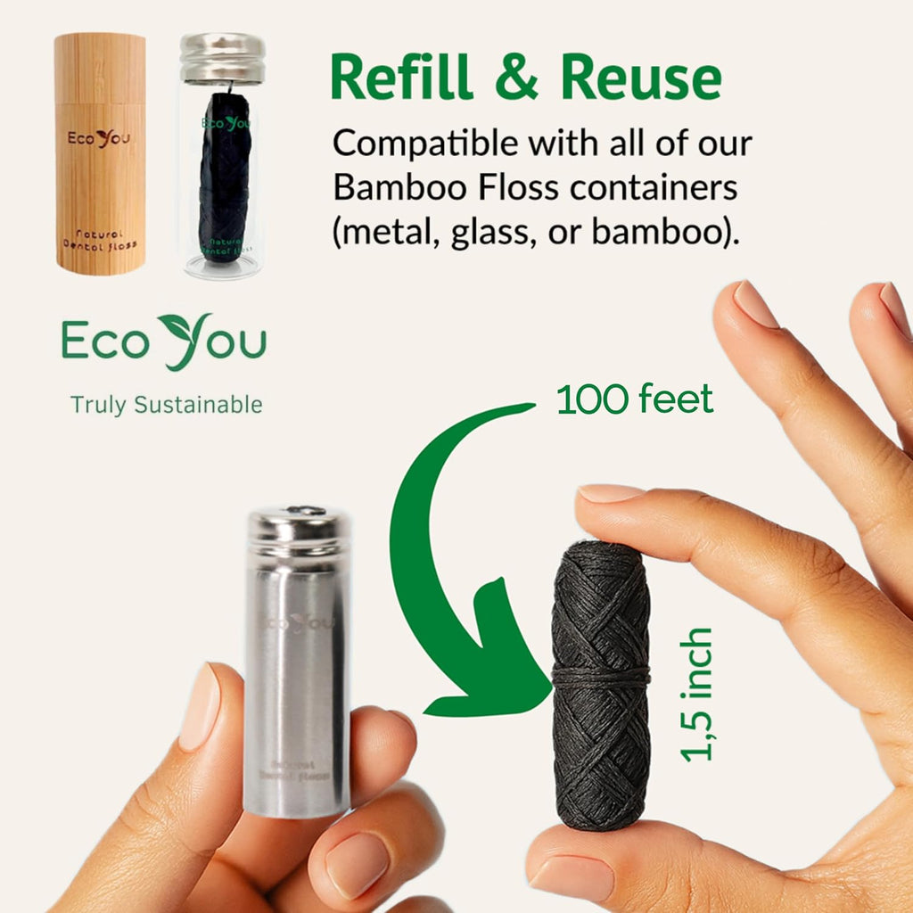 Bamboo Charcoal Dental Floss | Mint & Candelilla Wax | Vegan & Biodegradable (4 Refills Pack) | Pfas Free