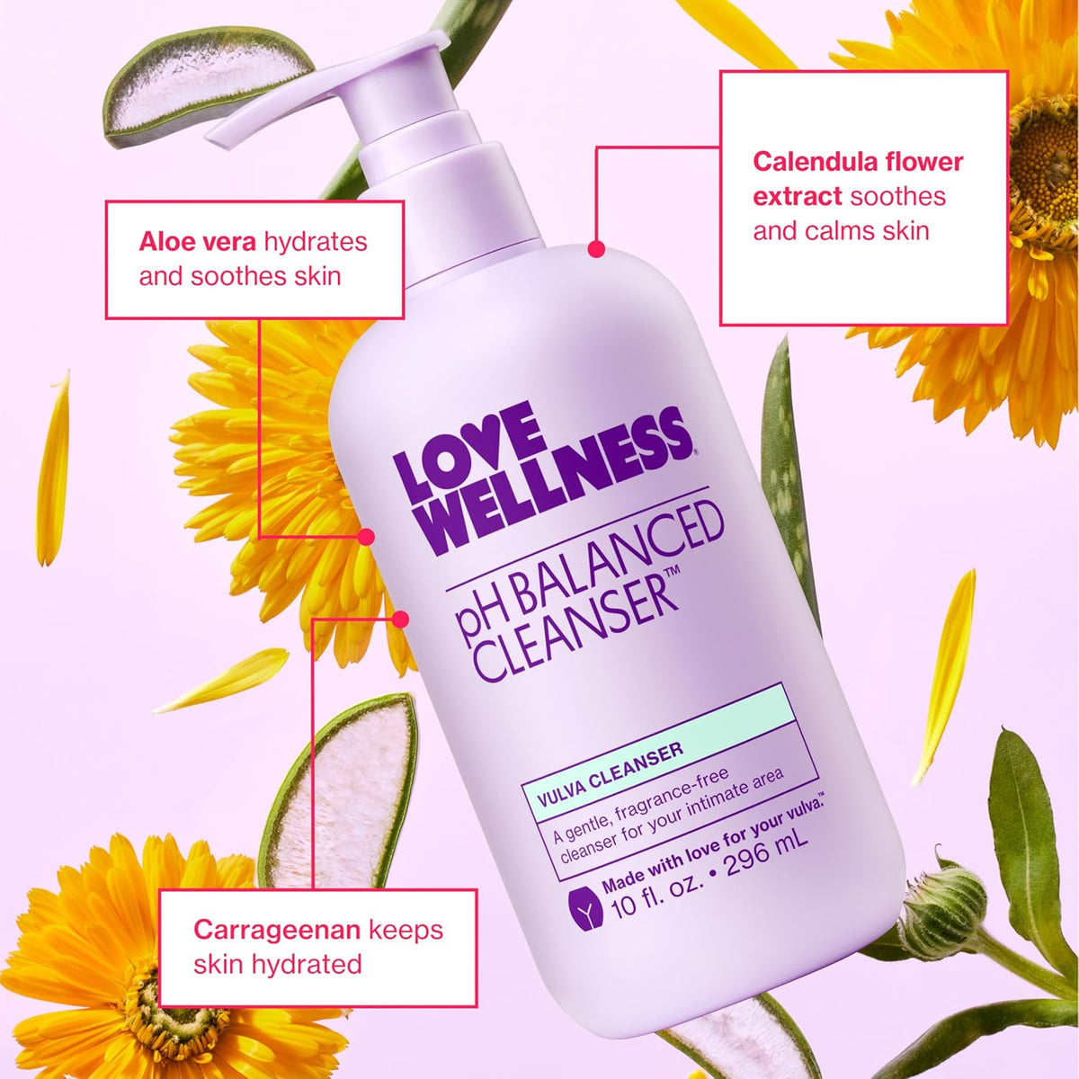 Love Wellness | pH Balanced Feminine Wash | Fragrance-Free | 10 Fl Oz | Aloe vera, Calendula, Carrageenan, Non-irritating, Gentle formula, Sensitive skin, Intimate hygiene, Daily use