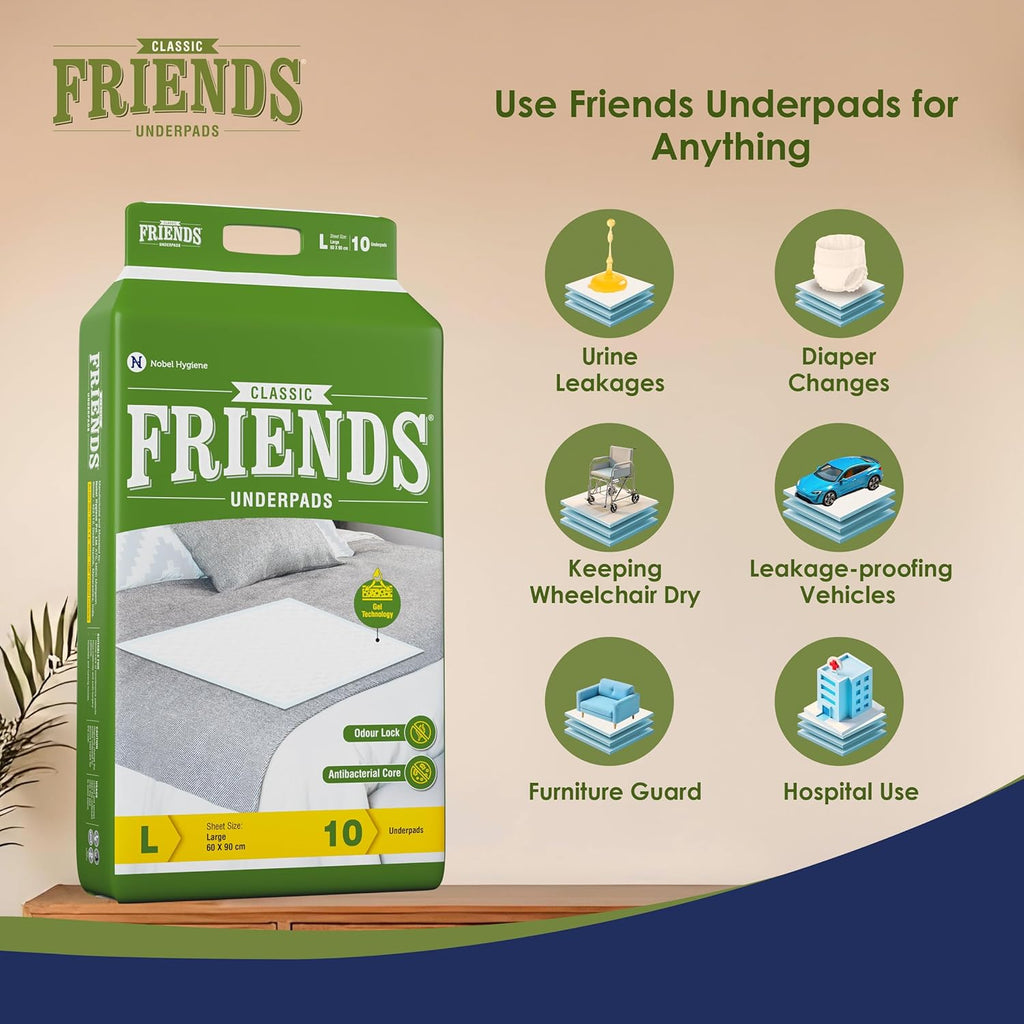Friends Classic Large Disposable Underpads for Adults (60x90 cm) | 30 Count | Highly Absorbent | Unisex | Rash Protection | Converts Liquids to Gel | Cottony Soft | Anti-Bacterial & Leak-Proof