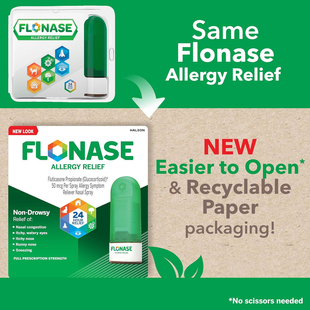 Flonase Nasal Spray for Allergy Relief, Tissues Included, 144 Sprays | Fluticasone Propionate Nasal Spray, Multi-Symptom Relief, 24-Hour Non-Drowsy Allergy Relief, Full Prescription Strength
