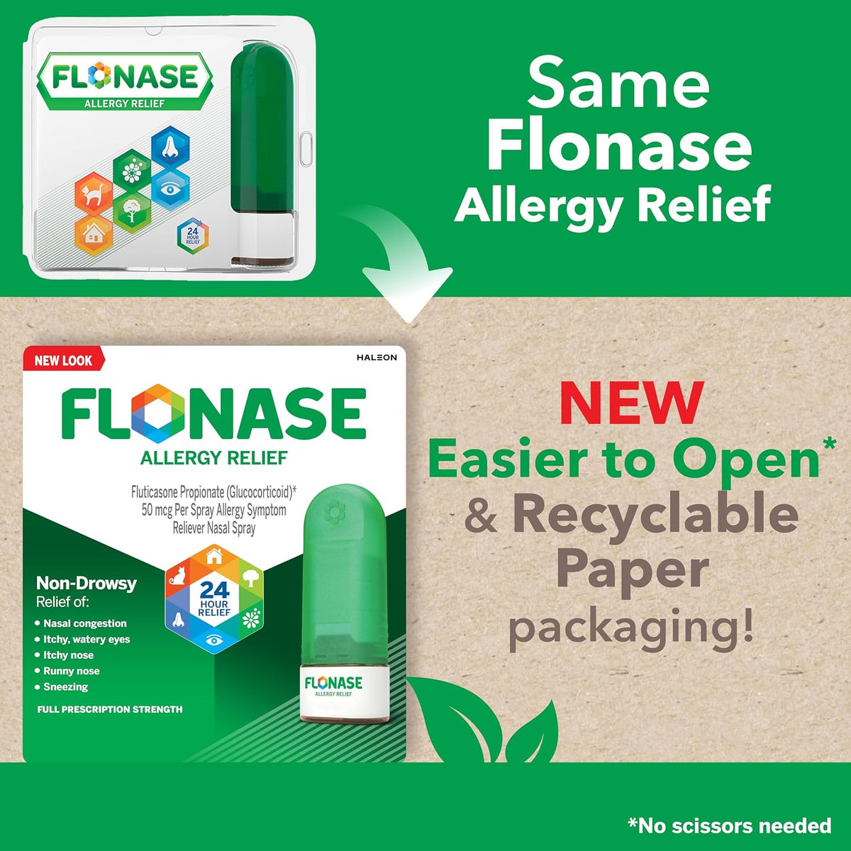 Flonase Nasal Spray for Allergy Relief, Tissues Included, 144 Sprays | Fluticasone Propionate Nasal Spray, Multi-Symptom Relief, 24-Hour Non-Drowsy Allergy Relief, Full Prescription Strength