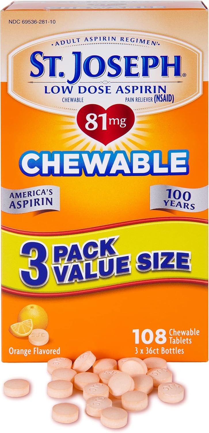 St. Joseph Chewable Low Dose Aspirin 81mg, Orange Flavored, 108 Tablets | Value pack of 81mg pain reliever (NSAID) for adult low dose aspirin regimen, easy-to-chew tablets dissolve quickly, 3 bottles