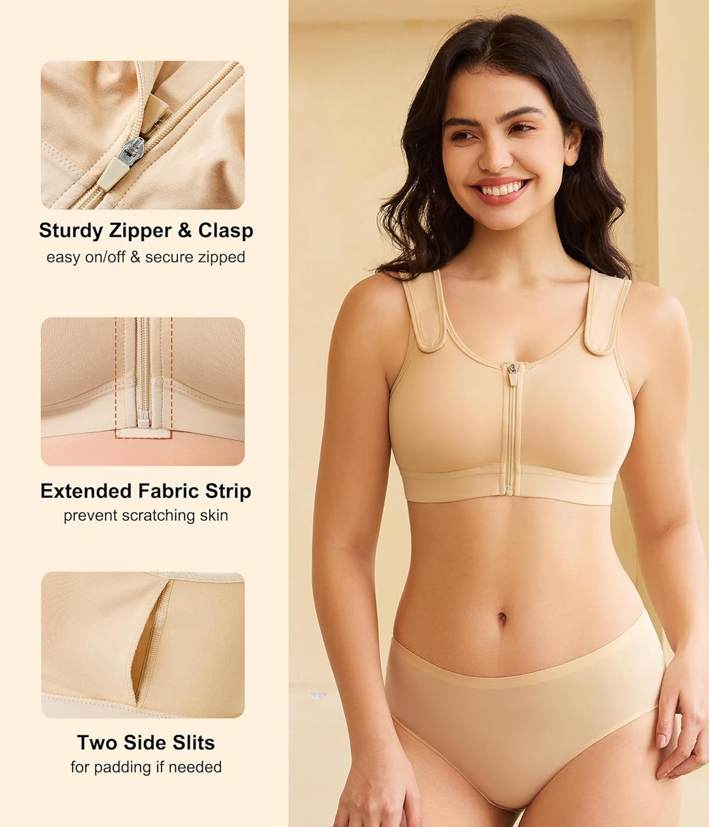 CYDREAM Zip Front Closure Wireless Bras for Women Full Coverage Post Surgery Compression Back Smoothing Comfort Adjustable