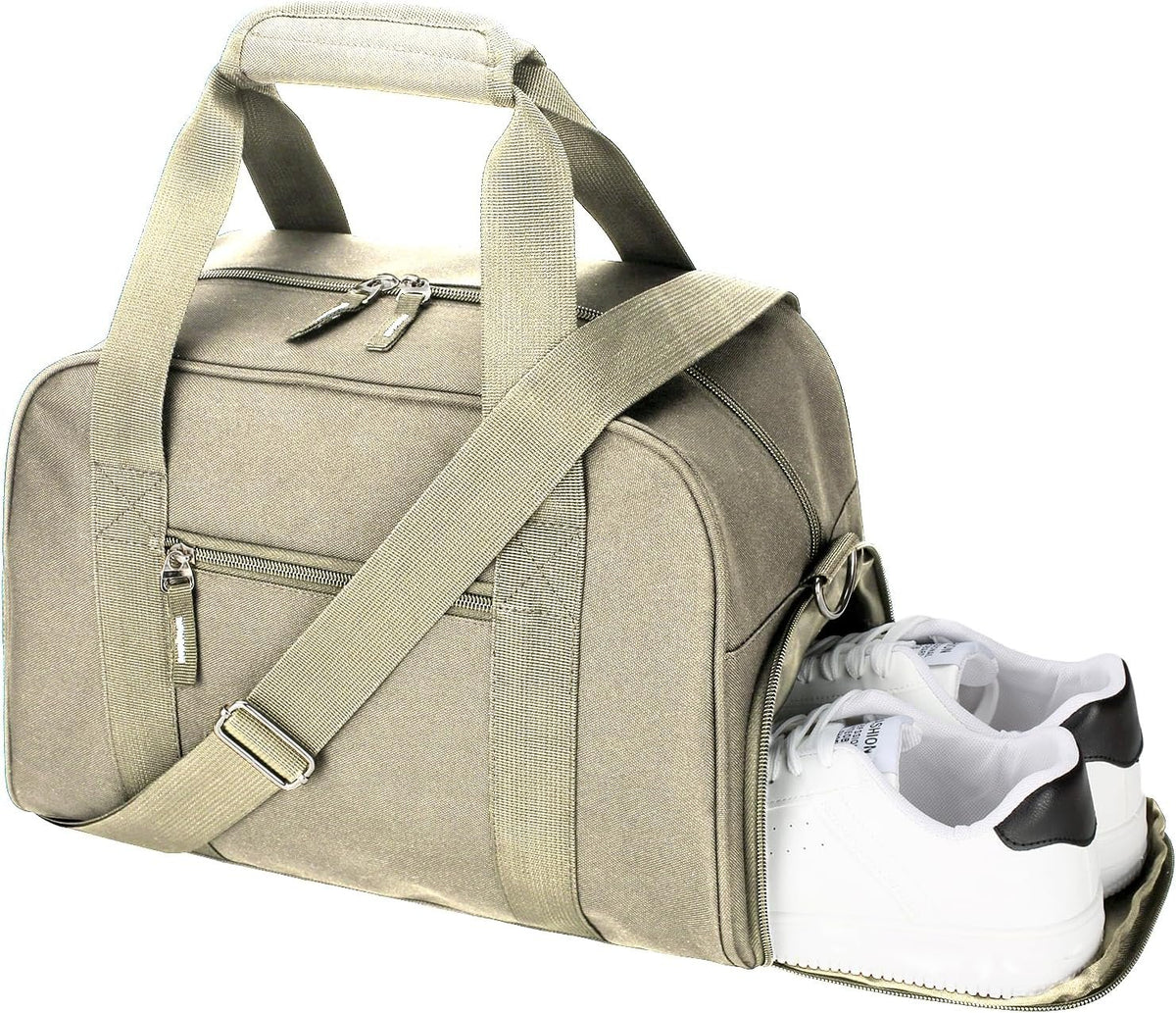 SeaRock 14 inch Small Gym Bag for Men & Women, Mini Duffle Bag with Shoe Compartment, Carry On Duffel Bag for Travel Sports, Khaki