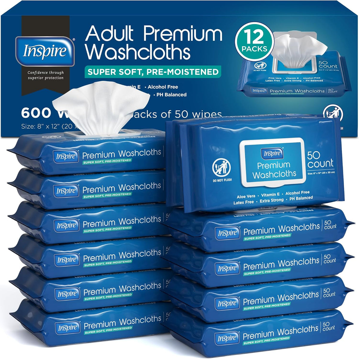 Inspire Adult Wet Wipes, Wash Cloths | Adult Wipes for Incontinence & Cleansing for Elderly, 8"x12" Count 12 packs of 50