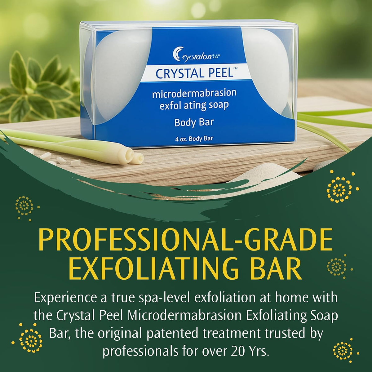 Exfoliating Bar Soap for Men & Women, Crystal Peel Luxury Microdermabrasion Hydrating & Exfoliating Body Soap Bar, Solid Magnesium Mineral Scrub for Buffing Away Dirt & Oil Smooths Skin Lemongrass 4oz