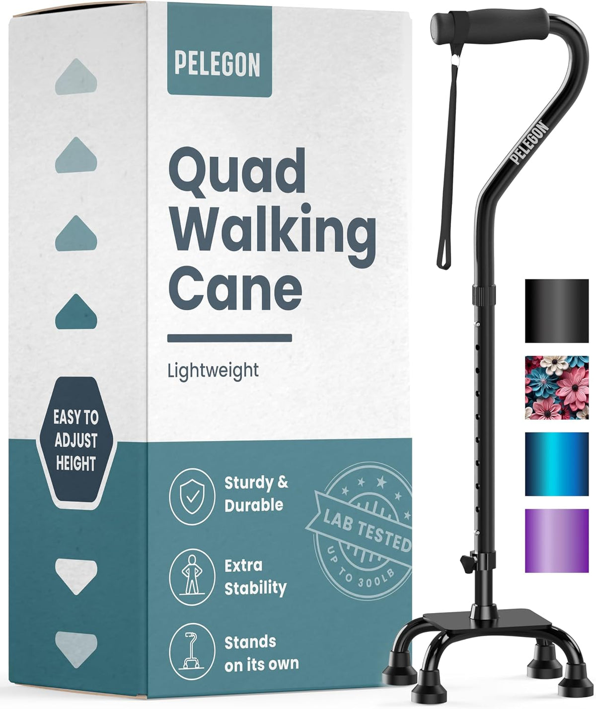 PELEGON Quad Cane (300 lb) - Adjustable Walking Cane with A Large 4 Pronged Base for Extra Balance & Stability, Walking Canes for Seniors, Walking Cane for Men & Women, Walking Sticks