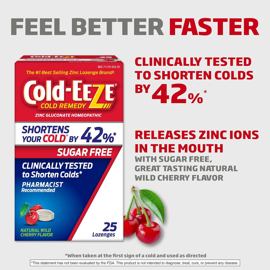 Cold-EEZE Sugar-Free, Natural Wild Cherry Zinc Lozenges, Homeopathic Cold Remedy, Shortens the Common Cold, Sore Throat, Cough, Congestion & Post Nasal Drip, 25 Ct
