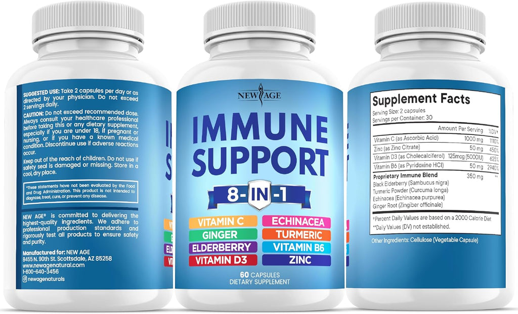 NEW AGE 8 in 1 Immune Support Booster Supplement with Echinacea, Vitamin C and Zinc 50mg, Vitamin D 5000 IU, Turmeric Curcumin & Ginger, B6, Elderberry 120 Count (Pack of 2)