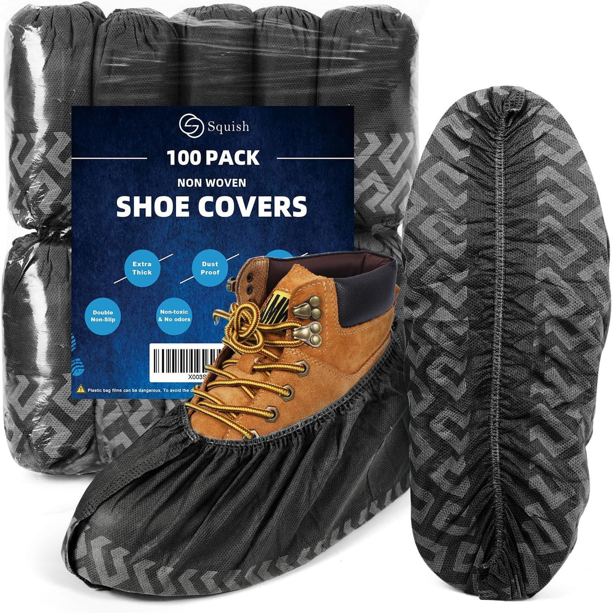 squish Shoe Covers Disposable Non Slip, 100 Pack(50 pairs) Thick Extra Disposable Boot Covers Slip Proof Shoe Cover for Indoors Outdoors Recyclable Protector Covers Fits Virtually Most Shoes