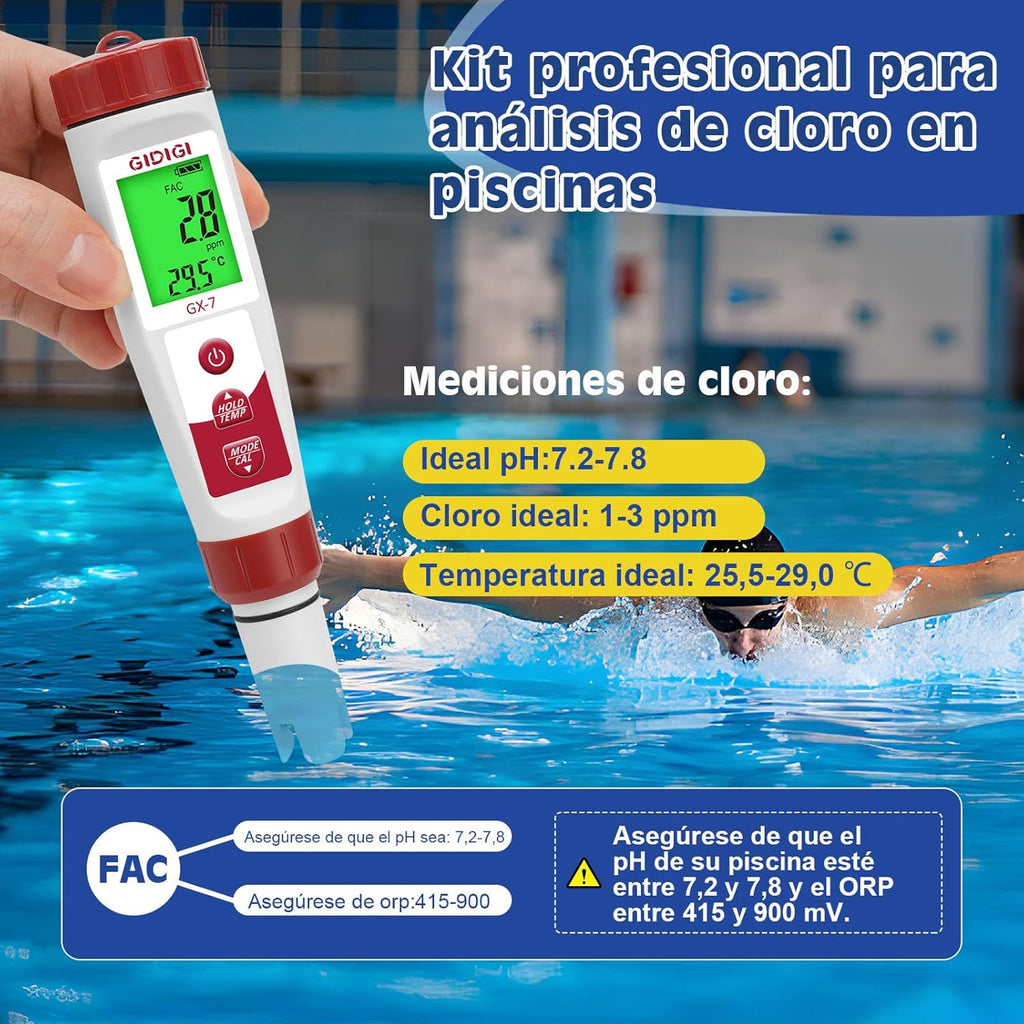 Digital Chlorine and pH Meter, 7 in 1 Pool pH and Chlorine Tester, ORP Meter Chlorine Salt EC PPM, Salt and Chlorine Test for Swimming Pools, Hydroponics, Drinking Water and Salt Water Fish Tank