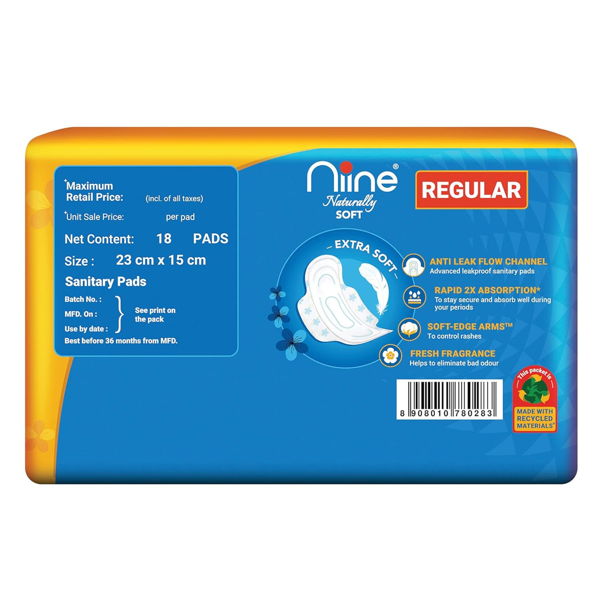 Niine Naturally Soft Regular Sanitary Pads for women | 18 pads, Pack of 1| Suitable for Light Flow| Faster Absorption | Prevents Wetness & Leakage