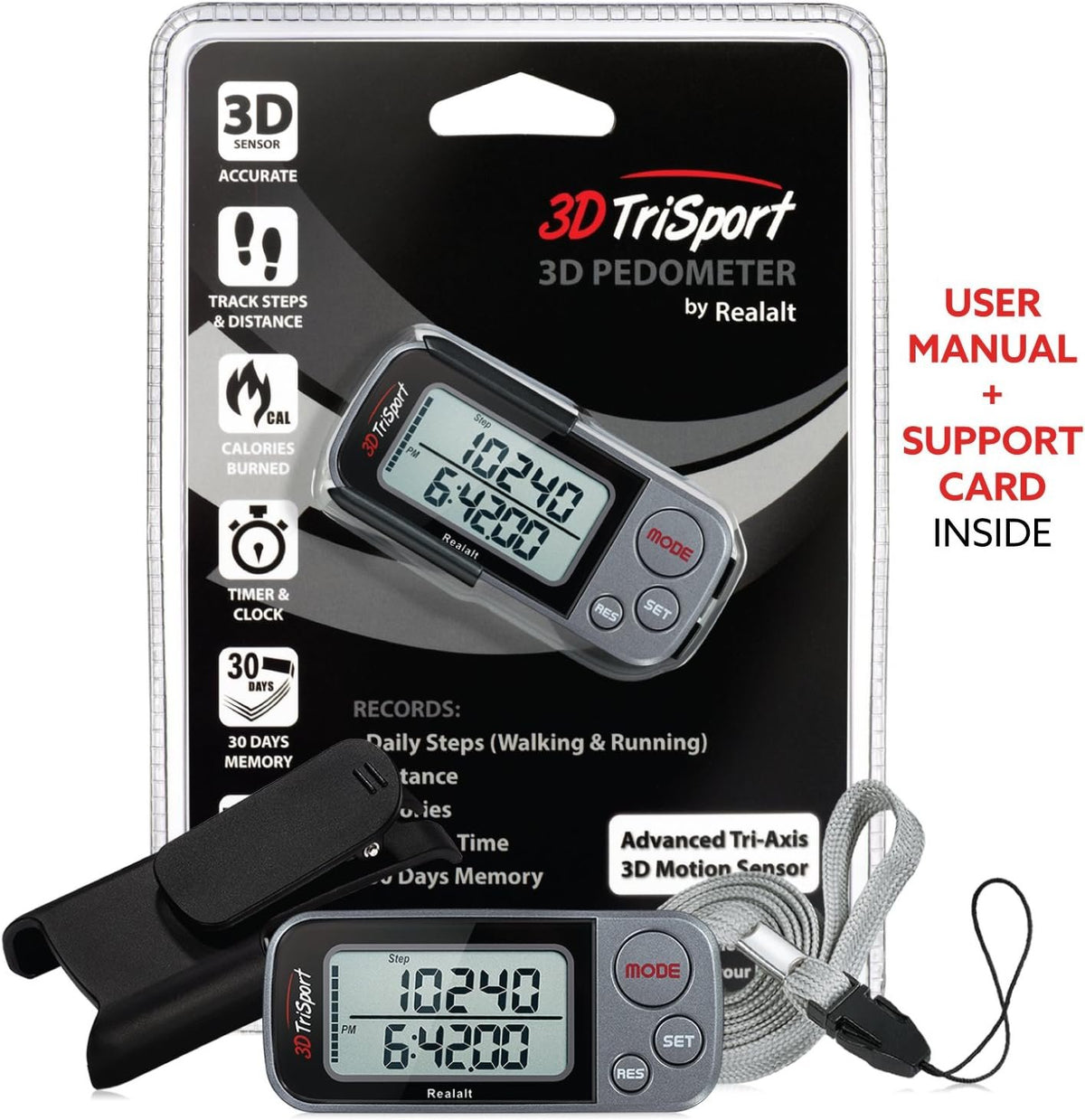 Realalt 3DTriSport 3D Walking Pedometer with Clip & Strap, Accurate Step Counter with 30-Day Memory, Distance in Miles/KM with Large Display Perfect for Seniors & Beginners, eBook Included