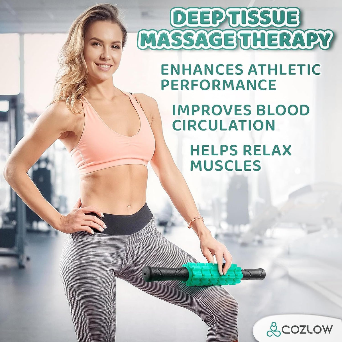 Muscle Roller Stick, Green, Hand Held Body Massager, 9 Rollers