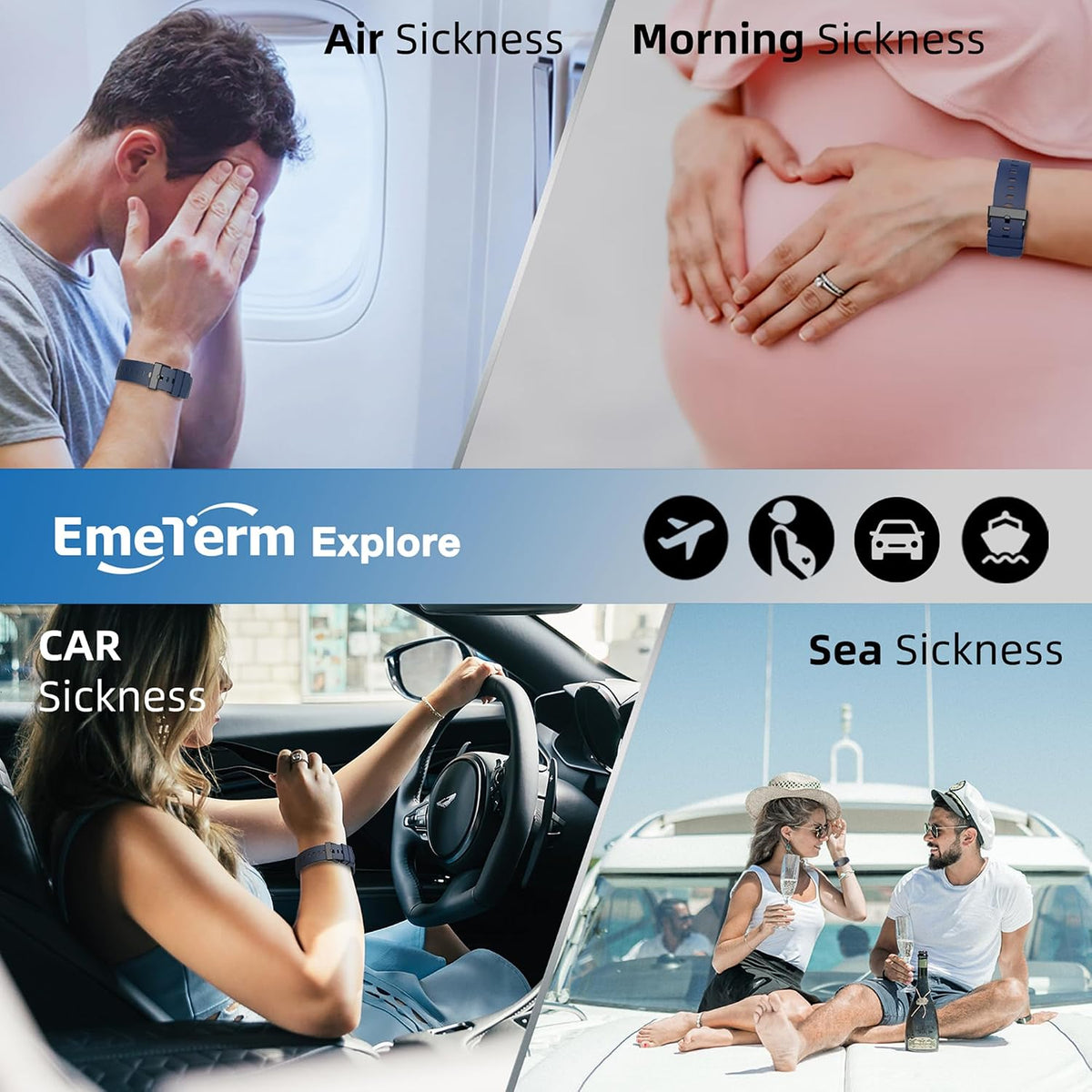 EmeTerm Explore Classic FDA-Cleared Anti-Nausea Wristband IP67 Waterproof Morning Motion Sickness Relief Band Rechargeable Classic Strap Design Drug Free Non-drowsy Without Side Effects Navy Blue