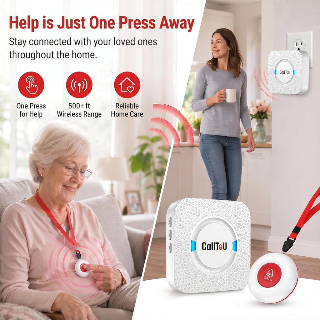CallToU Caregiver Pager Wireless Call Button Nurse Alert System Home Care | Easy to Use, 500+FT Through-Wall, Peace of Mind, Waterproof Call Button for Elderly, Seniors, Patients and Home Caregivers
