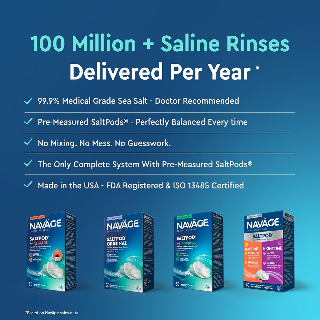 NAVAGE® Starter Bundle: Nose Cleaner, 30 SaltPods, Congestion Relief | Complete Sinus Care Kit: Powered Nasal Irrigation System w/ 30 Pre-Measured SaltPods for Clinically Proven Benefits