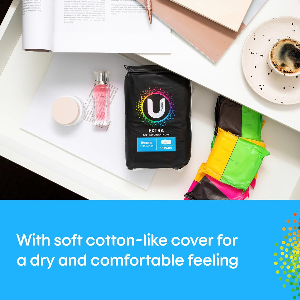 U by Kotex Extra Pads Regular with Wings 96 Count (6 x 16 Pack) - Packaging May Vary