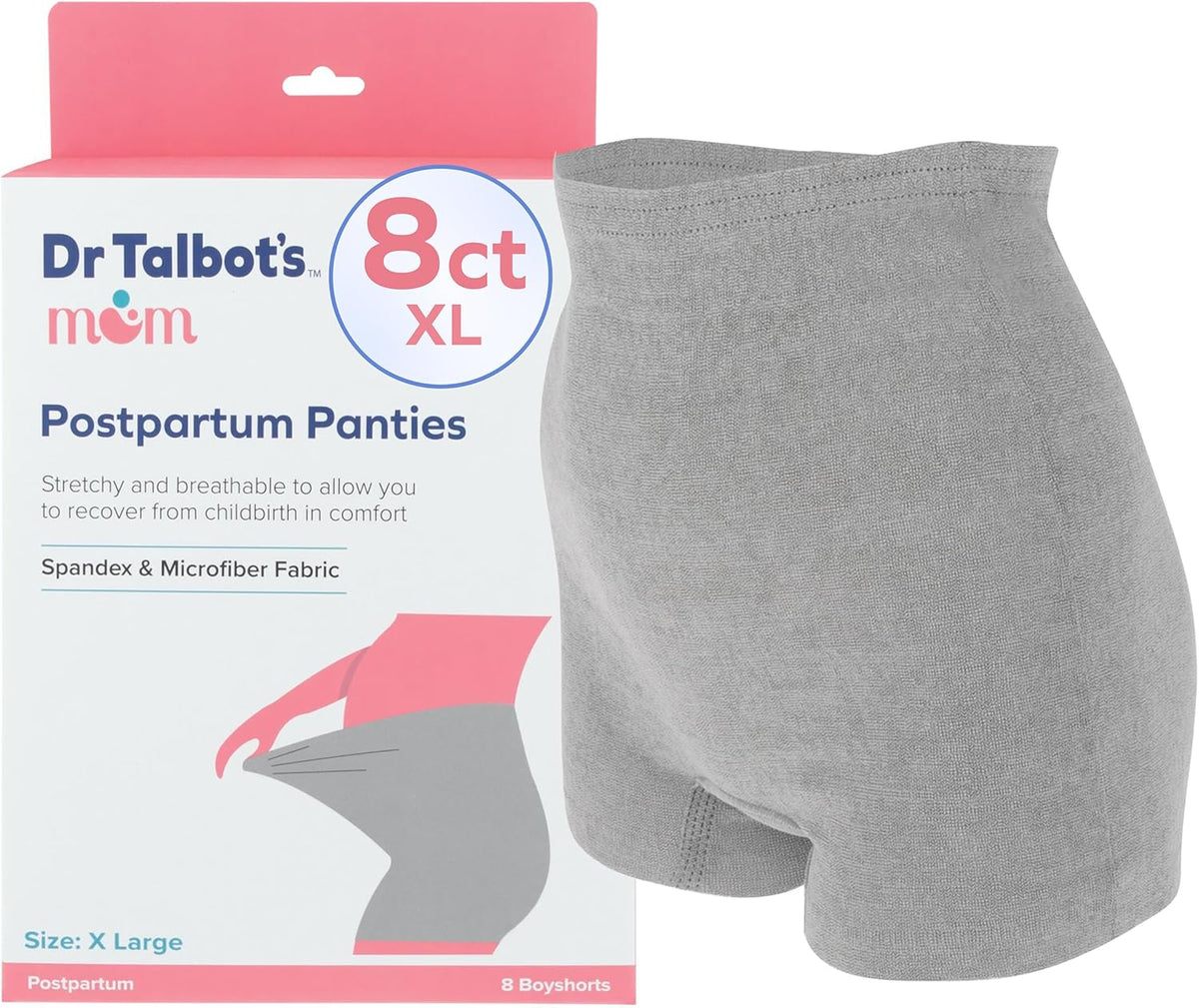 Dr. Talbot's Mom Postpartum Underwear - 8 Count - Size X-Large Disposable Panties for Postpartum Care - Gray