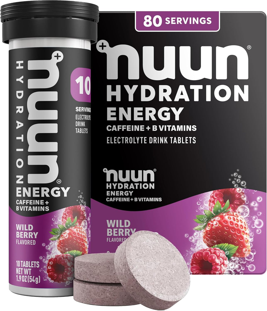 Nuun Energy Caffeine + B Vitamins Wild Berry, GF & Vegan, 8 Pack | 80 Servings with Caffeine from Green Tea Extract, Magnesium & 4 Other Electrolytes, Gluten Free, Vegan