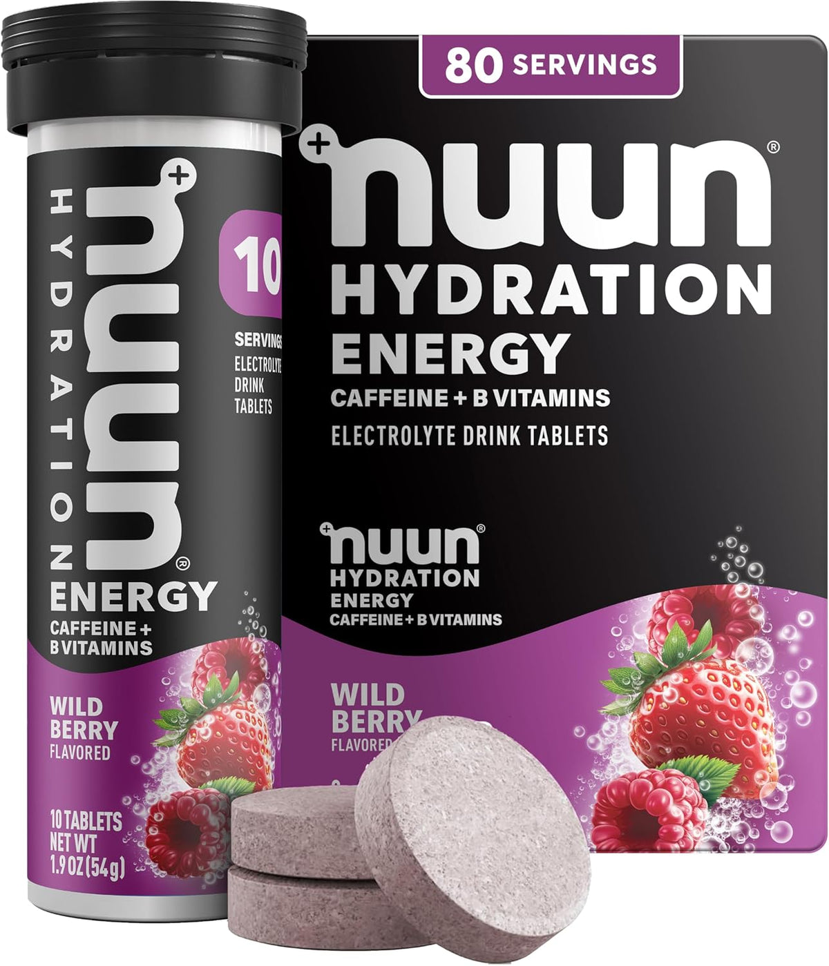 Nuun Energy Caffeine + B Vitamins Wild Berry, GF & Vegan, 8 Pack | 80 Servings with Caffeine from Green Tea Extract, Magnesium & 4 Other Electrolytes, Gluten Free, Vegan