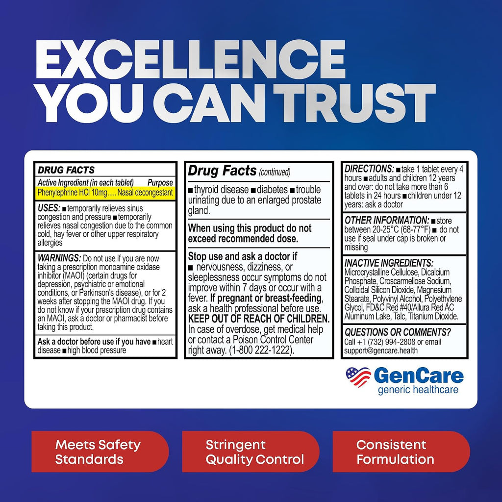 GenCare Phenylephrine HCl 10mg PE Nasal Decongestant, 300 Tablets
