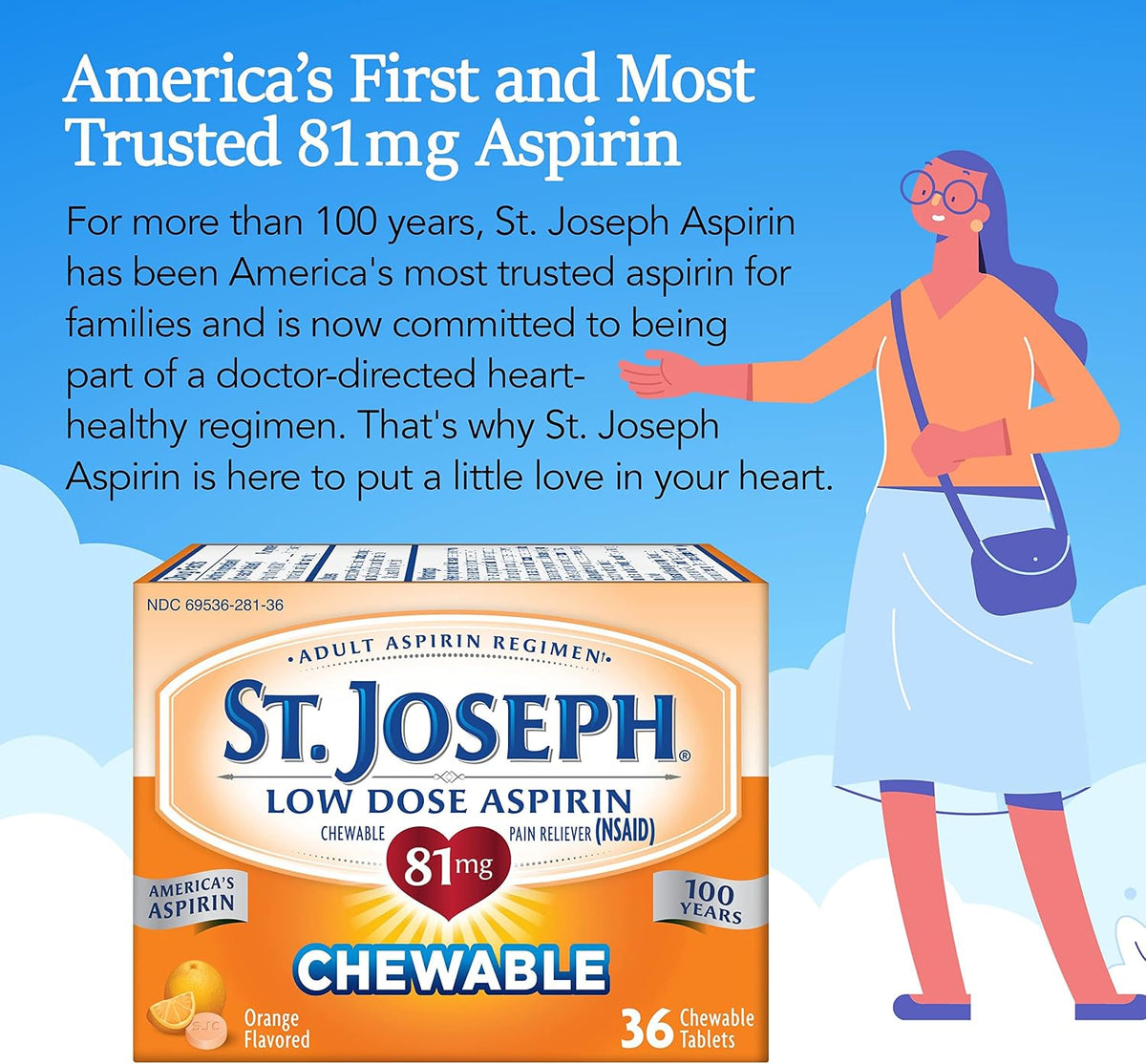 St. Joseph Chewable Low Dose Aspirin 81mg, Orange Flavored, 108 Tablets | Value pack of 81mg pain reliever (NSAID) for adult low dose aspirin regimen, easy-to-chew tablets dissolve quickly, 3 bottles