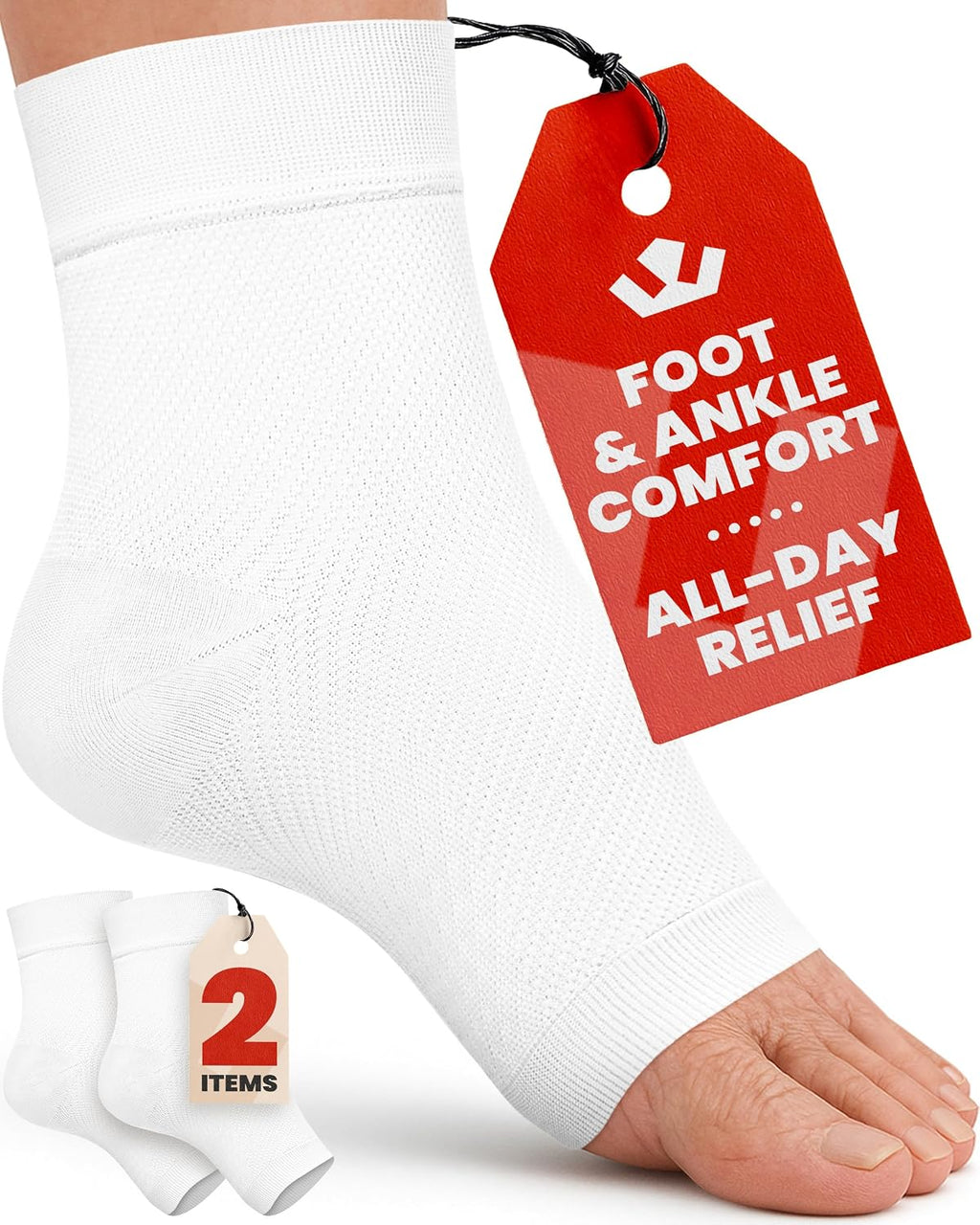 KEMFORD Ankle Compression Sleeve - 1-Pair, Plantar Fasciitis Braces - Open Toe Compression Socks for Swelling, Sprain, Neuropathy, Foot Arch Support for Men and Women - 20-30mmhg, M, White