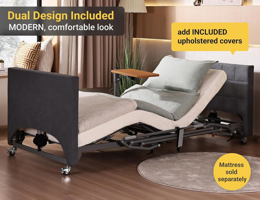 Electric Hospital Bed for Home Use – 5 Functions, Advanced German LIMOSS Motor, Double Solid Wood Panels with Upholstered Covers, Medical Overbed Table & Foldable Rails